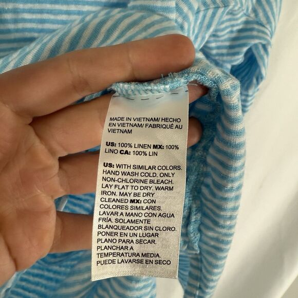 Chico's 100% Linen Blouse Women's 2 Large Blue White Striped Vneck 1/2 Sleeve - Picture 6 of 9